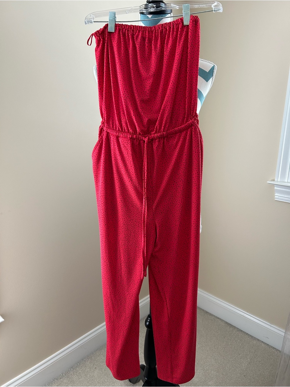 Express Strapless Red Drawstring Jumpsuit